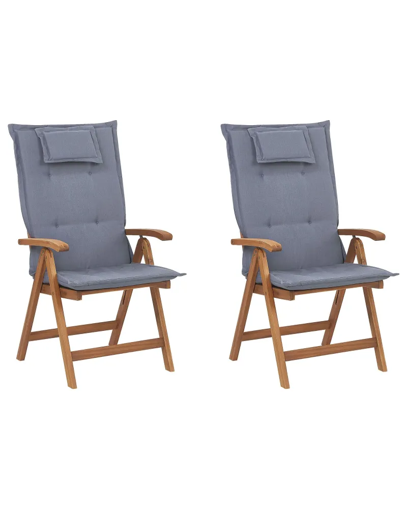 Set 2 Garden Chairs Cushions JAVA Acacia Wood Blue con Rivestimento Tessuto