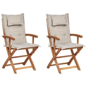 Set 2 Garden Chairs Cushions MAUI Acacia Wood Taupe Easy Storage