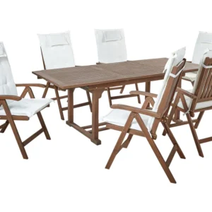 Set da giardino con 6 sedie legno di acacia scuro con cuscini bianco unto AMANTEA