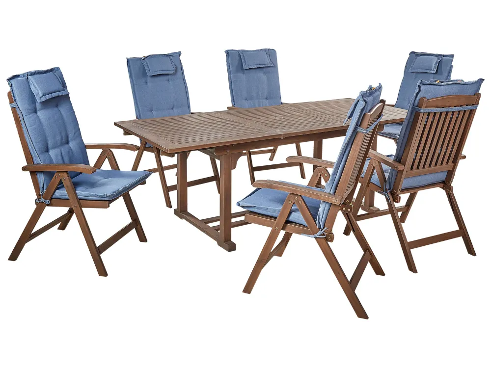 Set da giardino con 6 sedie legno di acacia fosco con cuscini blu AMANTEA
