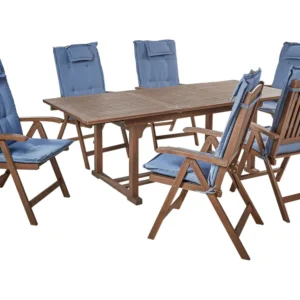 Set da giardino con 6 sedie legno di acacia nero con cuscini blu AMANTEA con Schienale Regolabile