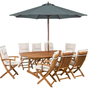 Set da giardino legno con cuscini bianco macchiato con ombrellone MAUI