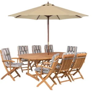 Set da giardino legno con cuscini righe verde/beige con ombrellone MAUI con Struttura Acciaio
