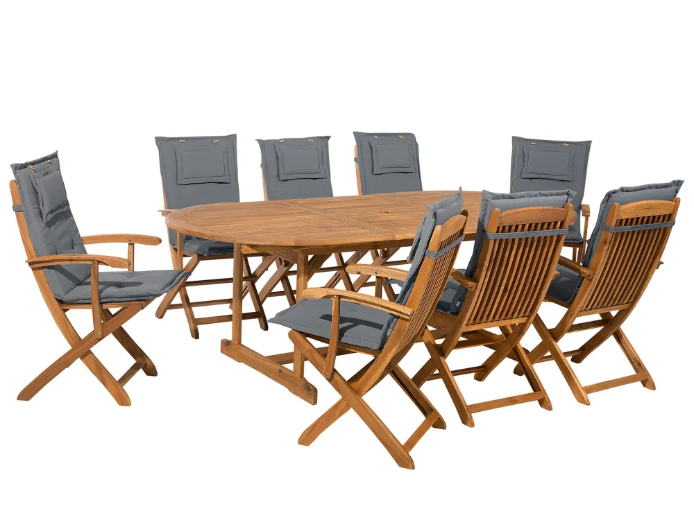 Set da giardino legno 8 posti con cuscini grafite MAUI | Pieghevole e Leggera