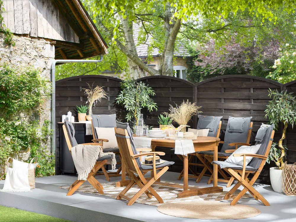 Set da giardino legno 8 posti con cuscini grafite MAUI | Pieghevole e Leggera