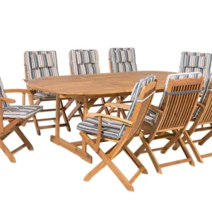 Set da giardino legno 8 posti con cuscini righe blu/beige MAUI | Pieghevole e Leggera
