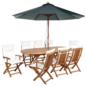 Set da giardino 8 posti legno di acacia chiaro con cuscini bianco macchiato e ombrellone MAUI II
