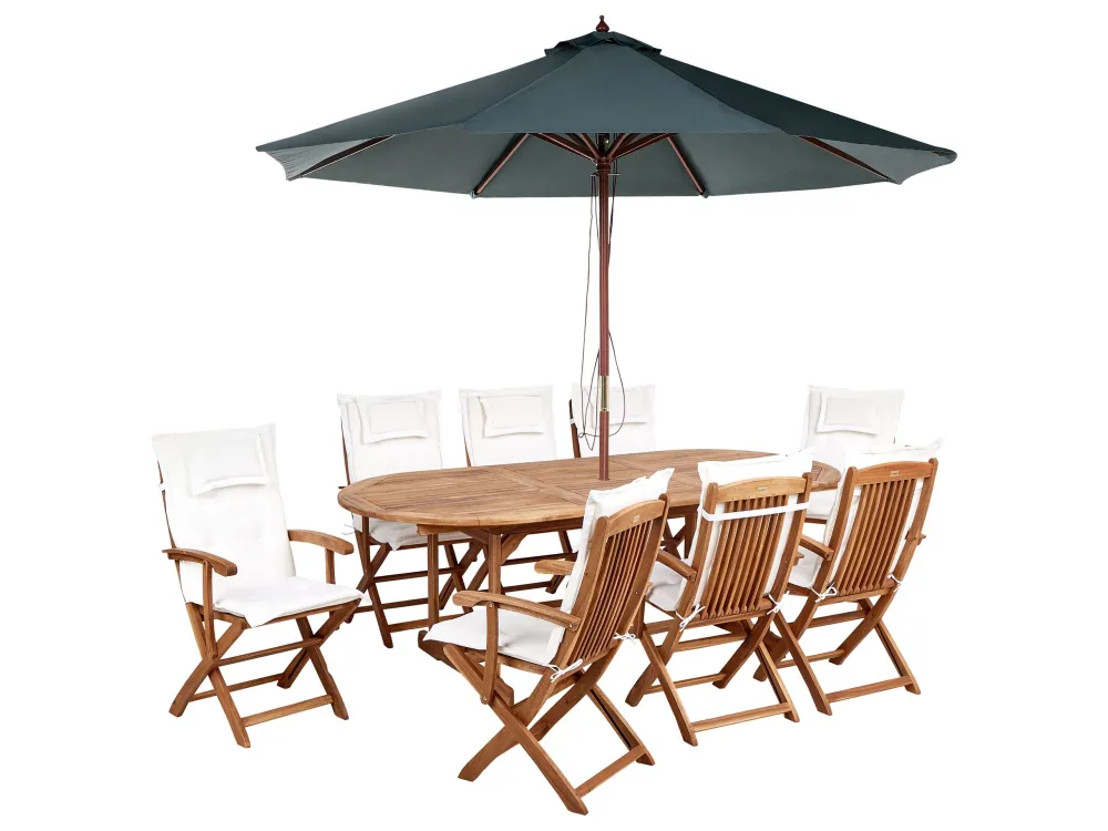 Set da giardino 8 posti legno di acacia chiaro con cuscini bianco macchiato e ombrellone MAUI II