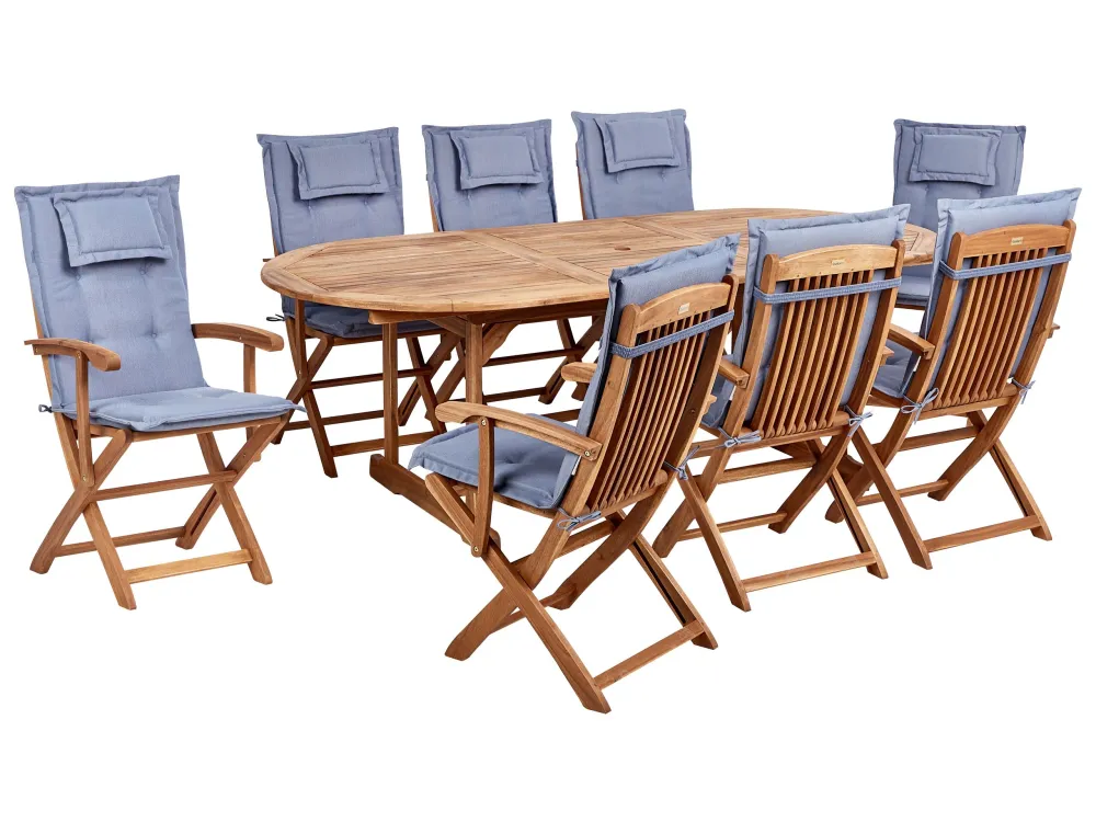 Set da giardino 8 posti legno di acacia evidente con cuscini blu MAUI II