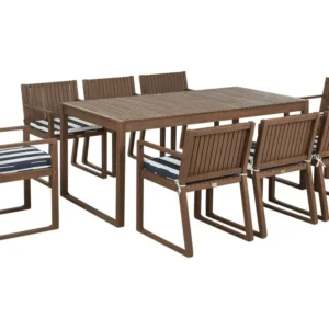 Set da giardino 8 posti legno di acacia tenebroso con cuscini blu e bianco SASSARI