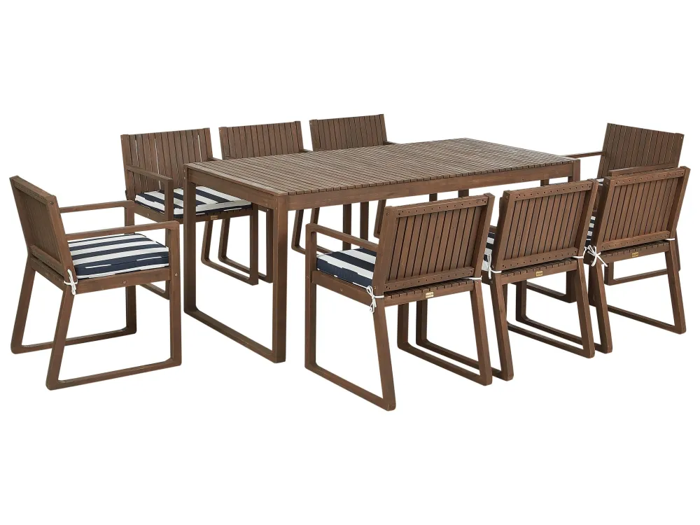 Set da giardino 8 posti legno di acacia tenebroso con cuscini blu e bianco SASSARI
