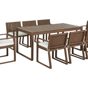 Set da giardino 8 posti legno d'acacia scuro con cuscini bianco infangato SASSARI