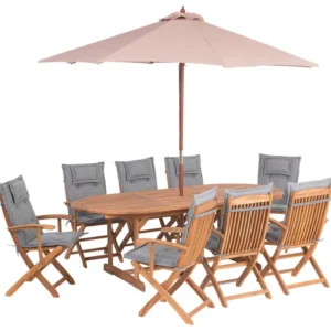 Set da giardino di un tavolo e 8 sedie con cuscini grigi e un ombrellone MAUI con Struttura Acciaio