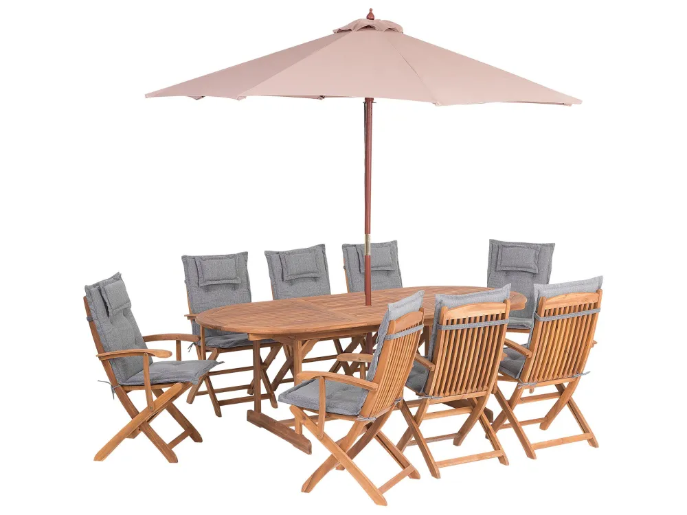 Set da giardino di un tavolo e 8 sedie con cuscini grigi e un ombrellone MAUI con Struttura Acciaio