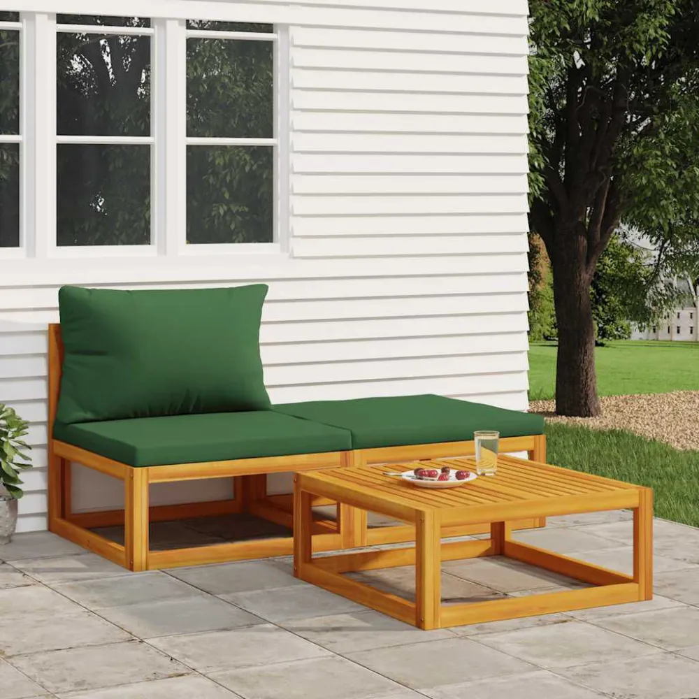 Set Mobili da Giardino 3pz con Cuscini Legno Massello di Acacia con Cuscino Estraibile