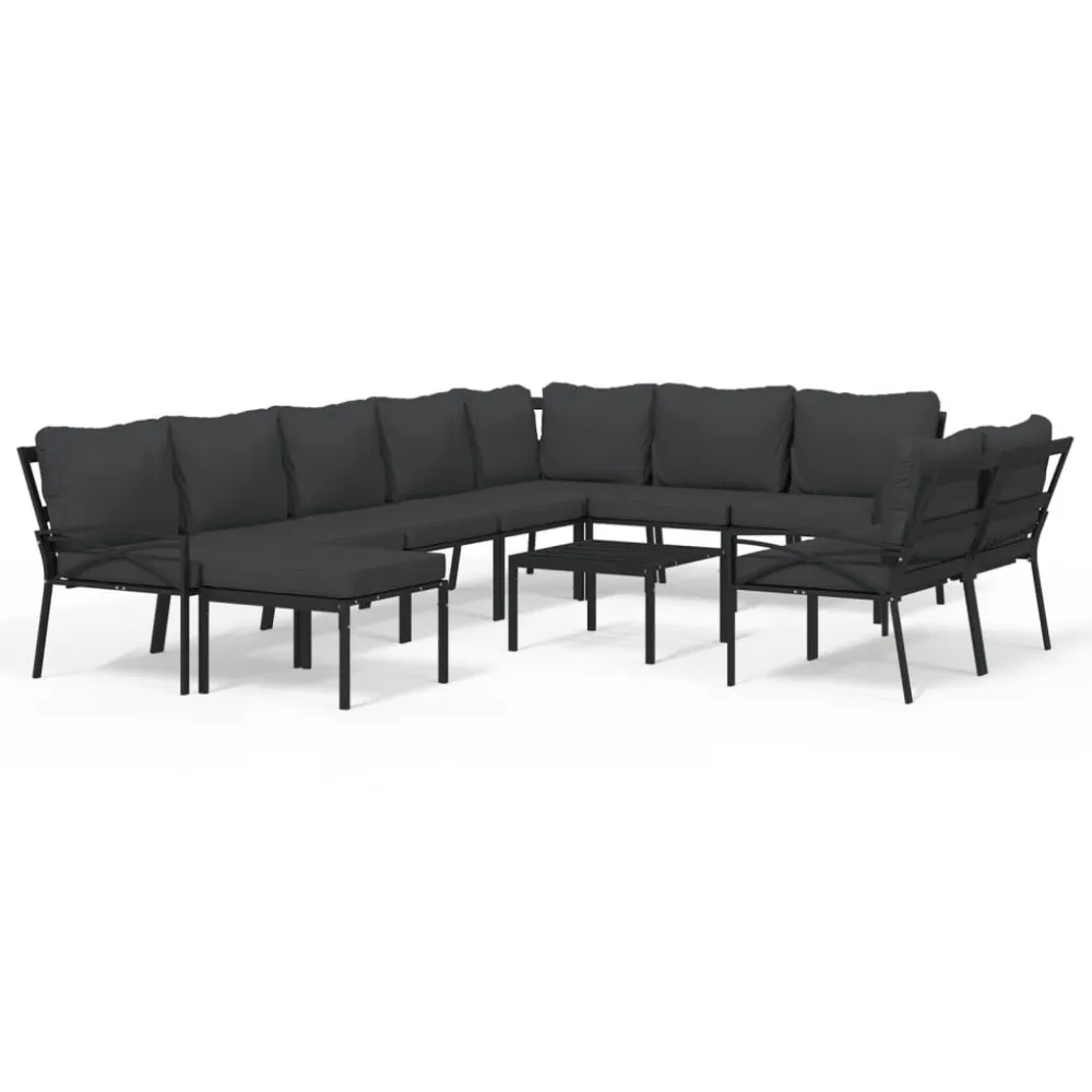 Set Mobili da Giardino 11 pz con Cuscini Grigi Acciaio per Giardino e Spiaggia