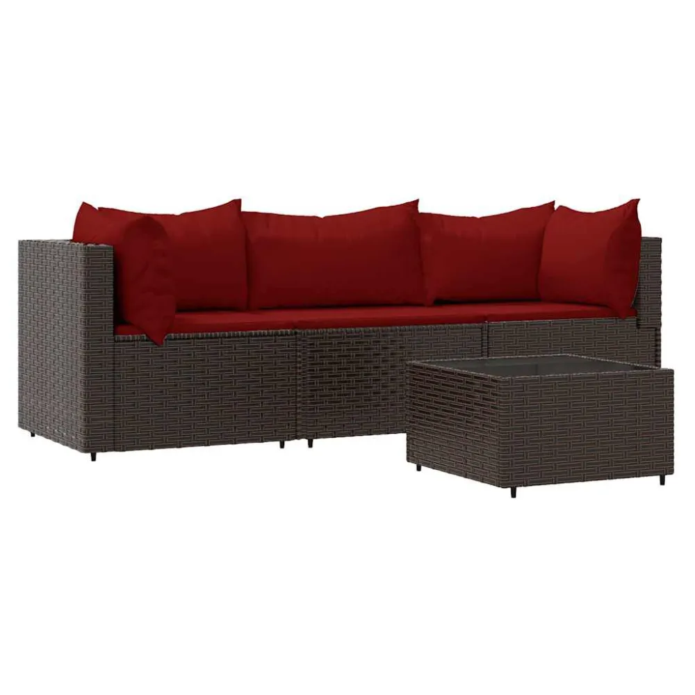 Set Mobili da Giardino 4 pz con Cuscini Polyrattan Marrone con Sistema di Montaggio Rapido