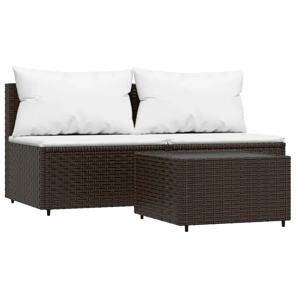Set Mobili da Giardino 3 pz con Cuscini Polyrattan Marrone Materiale Alluminio Anodizzato