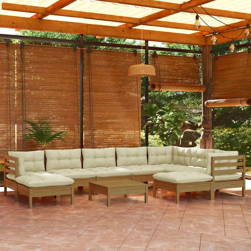 Set Salotto Giardino 10pz con Cuscini Marrone Ambra Legno Pino con Struttura Acciaio