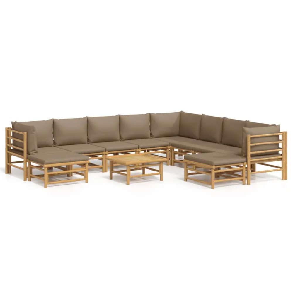 Set Salotto da Giardino 11pz con Cuscini Tortora Bambù con Rivestimento Tessuto