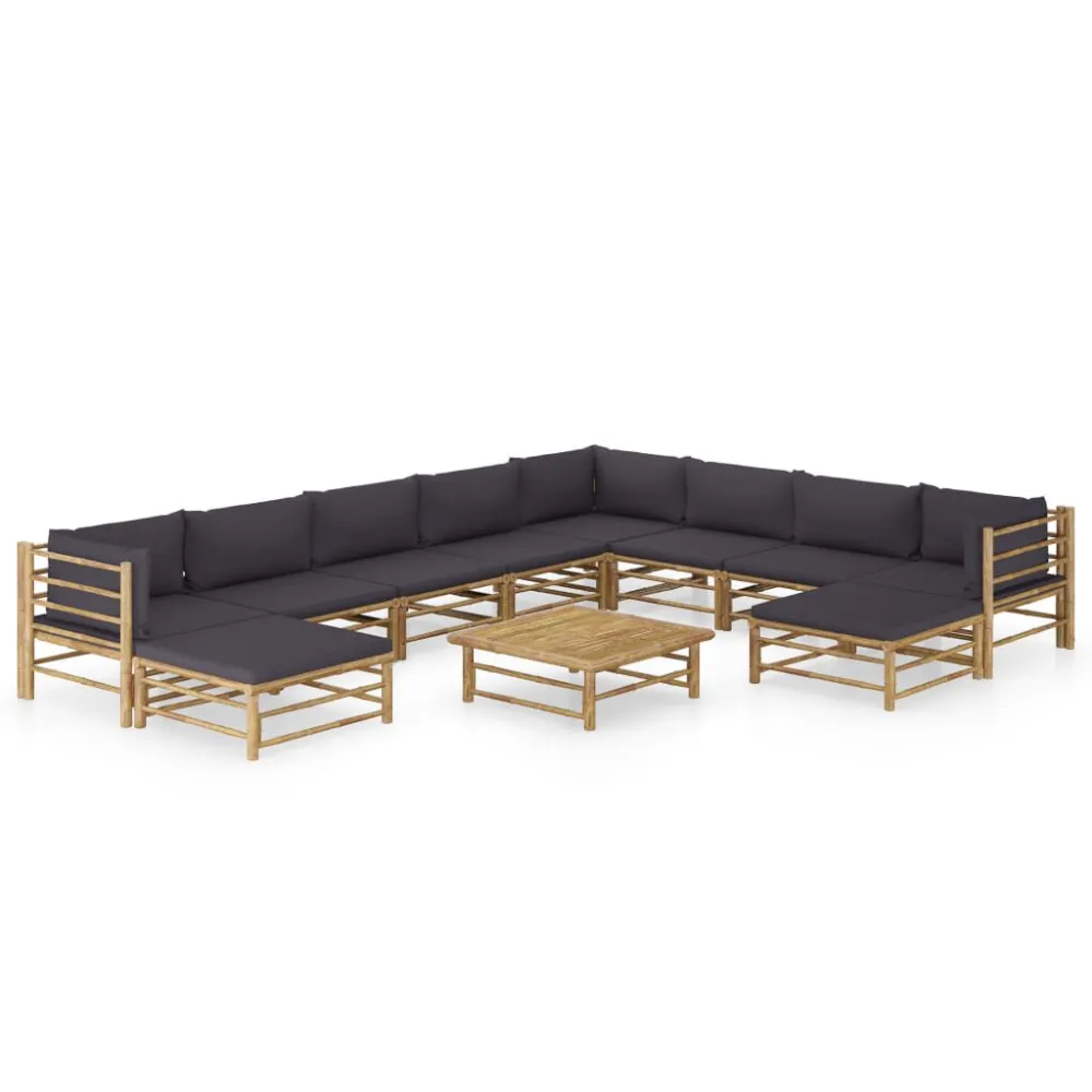 Set Salotto da Giardino 11pz con Cuscini Grigio Tenebroso Bambù