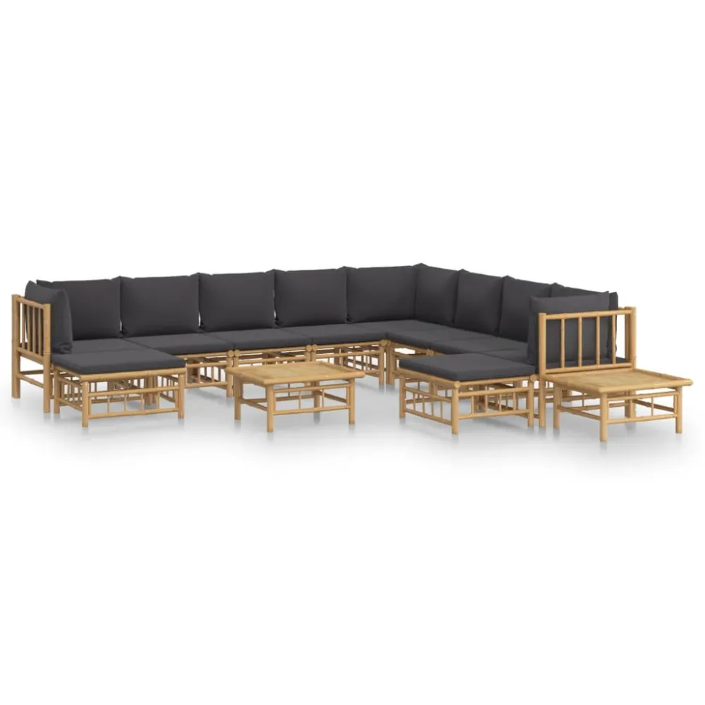 Set Salotto da Giardino 12pz con Cuscini Grigio Cupo Bambù