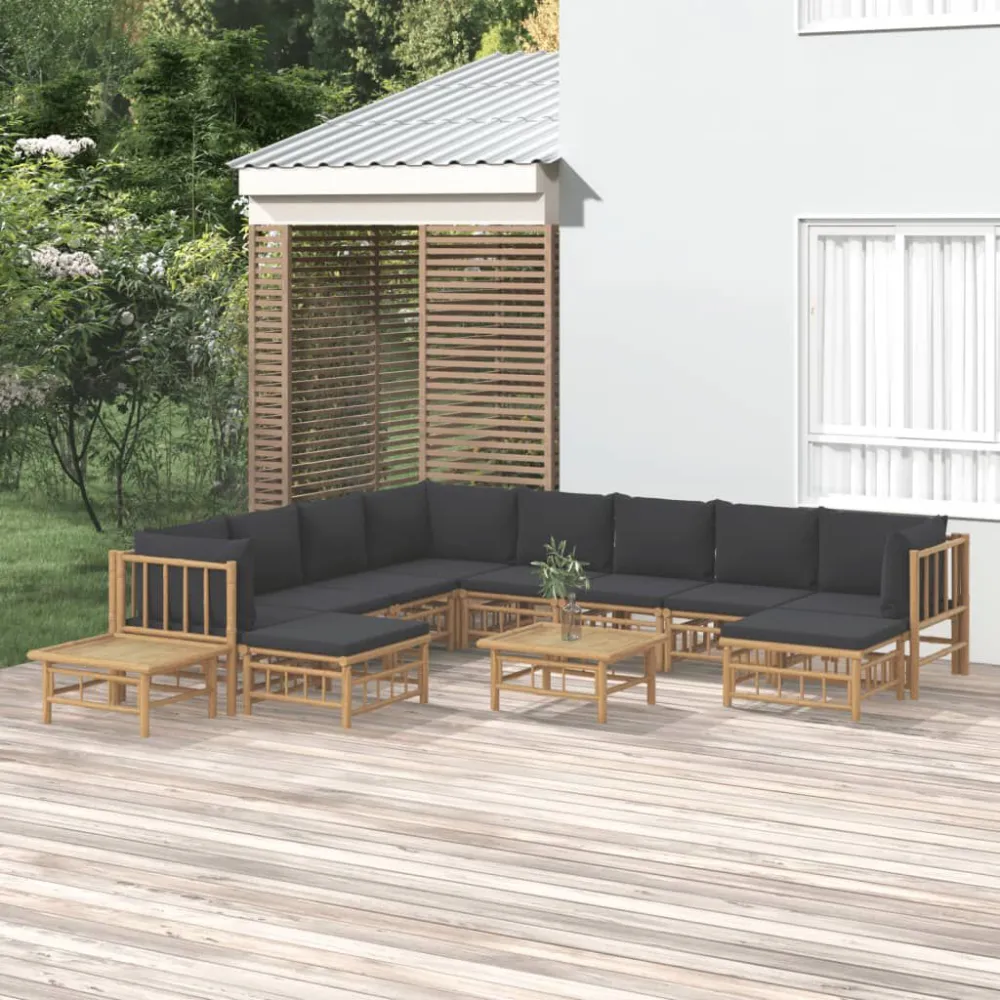 Set Salotto da Giardino 12pz con Cuscini Grigio Cupo Bambù