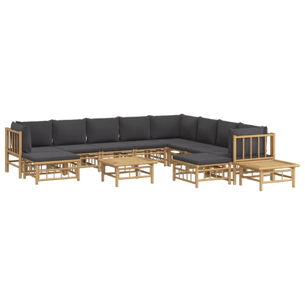 Set Salotto da Giardino 12pz con Cuscini Grigio Cupo Bambù