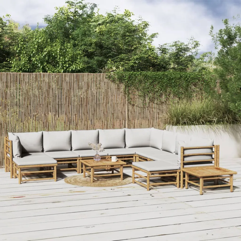 Set Salotto da Giardino 12pz con Cuscini Grigio Trasparente Bambù