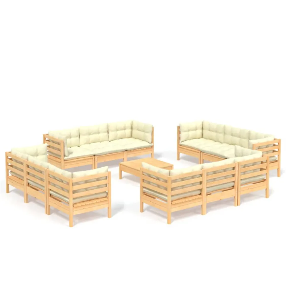 Set Salotto da Giardino 13pz con Cuscini Crema Legno di Pino Legno Massello