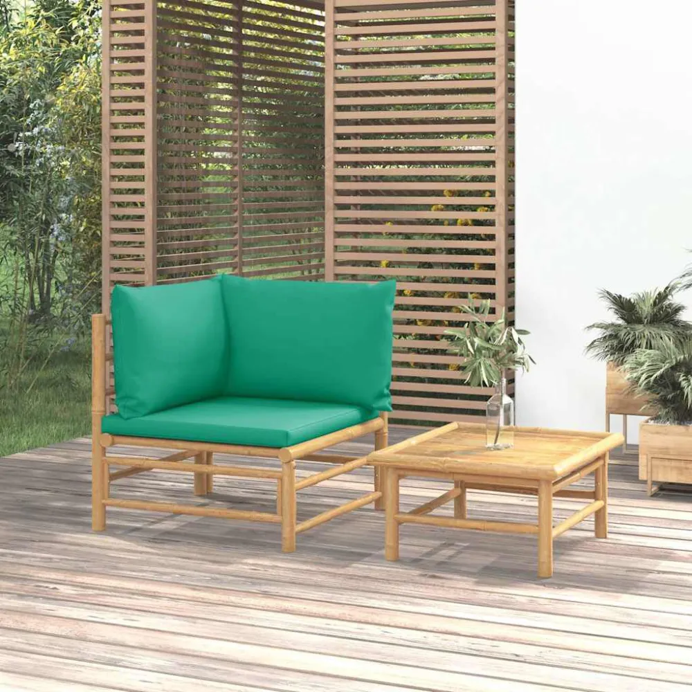 Set Salotto da Giardino 2pz con Cuscini Verdi Bambù con Cuscino Estraibile
