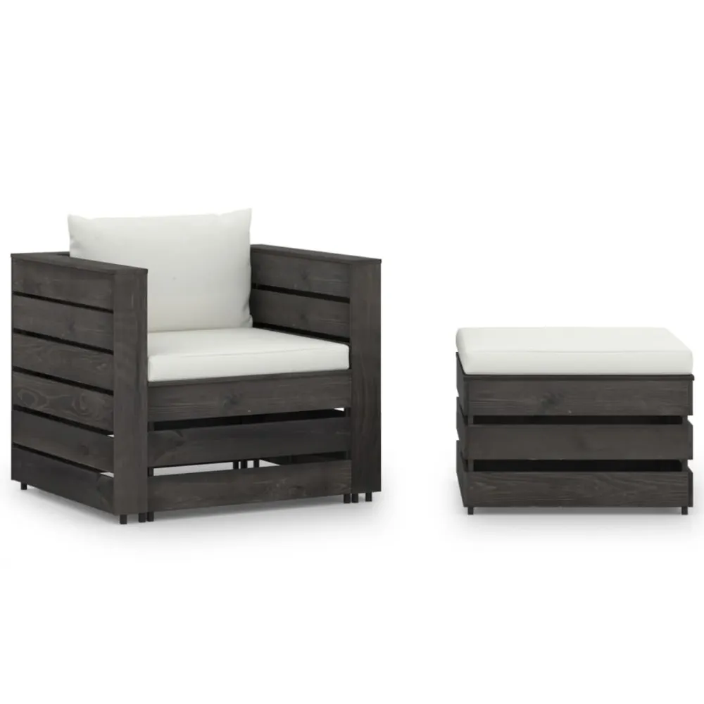 Set Salotto da Giardino 2pz con Cuscini Legno Impregnato Grigio con Portabicchiere Integrato