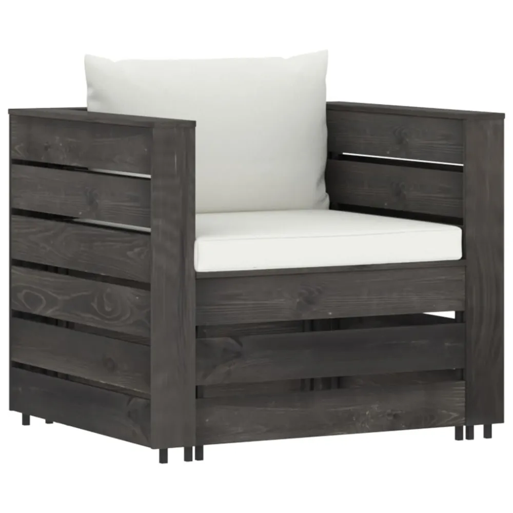 Set Salotto da Giardino 2pz con Cuscini Legno Impregnato Grigio con Portabicchiere Integrato