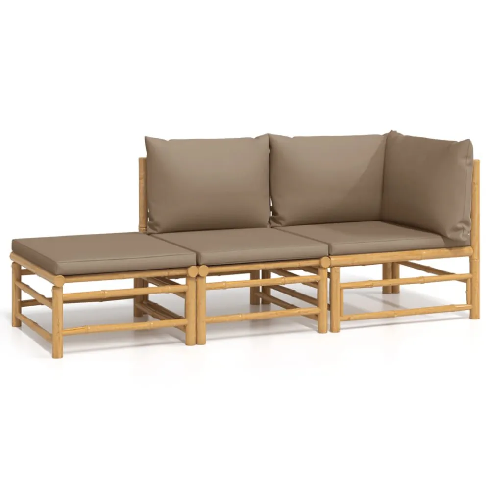 Set Salotto da Giardino 3pz con Cuscini Tortora Bambù con Rivestimento Tessuto
