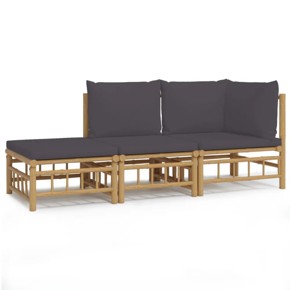 Set Salotto da Giardino 3pz con Cuscini Grigio Cupo Bambù