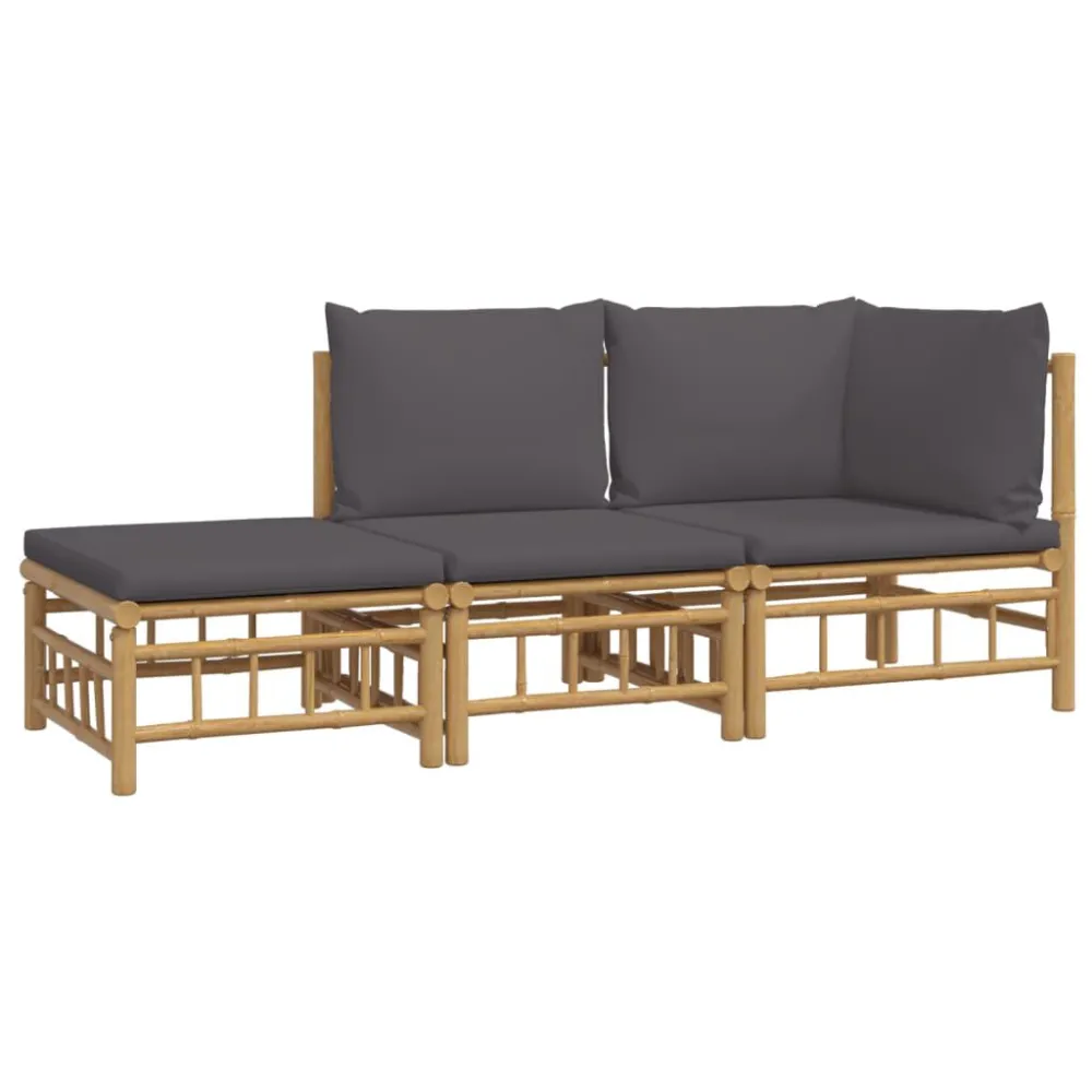 Set Salotto da Giardino 3pz con Cuscini Grigio Cupo Bambù