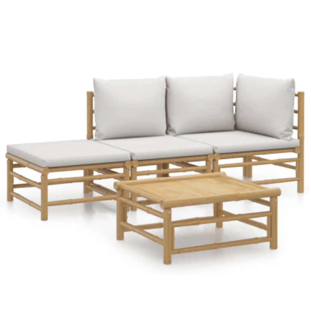 Set Salotto da Giardino 4pz con Cuscini Grigio Palese Bambù per Relax all'Aperto