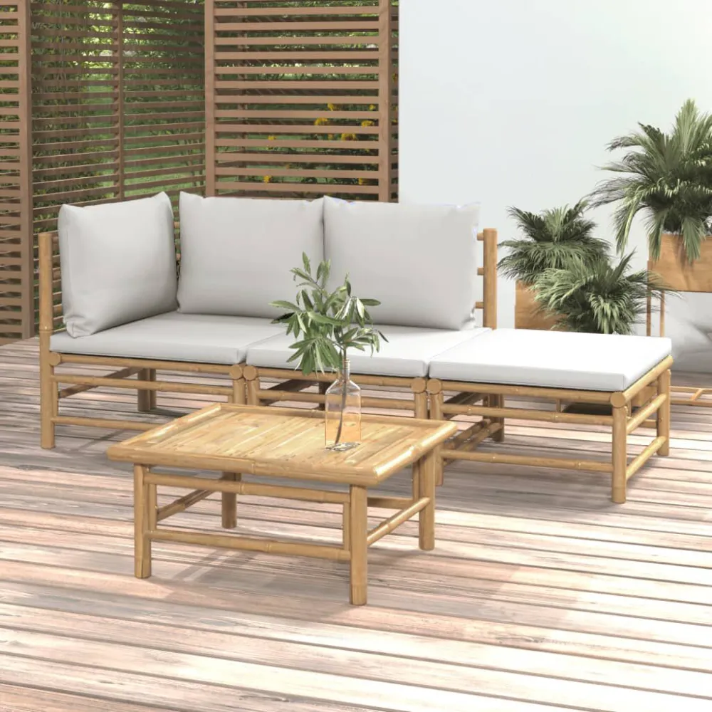Set Salotto da Giardino 4pz con Cuscini Grigio Palese Bambù per Relax all'Aperto
