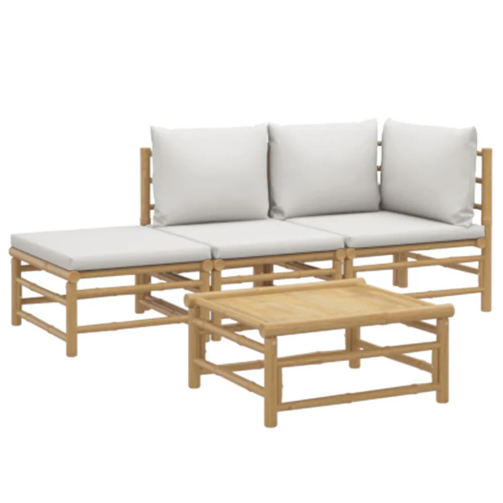 Set Salotto da Giardino 4pz con Cuscini Grigio Palese Bambù per Relax all'Aperto