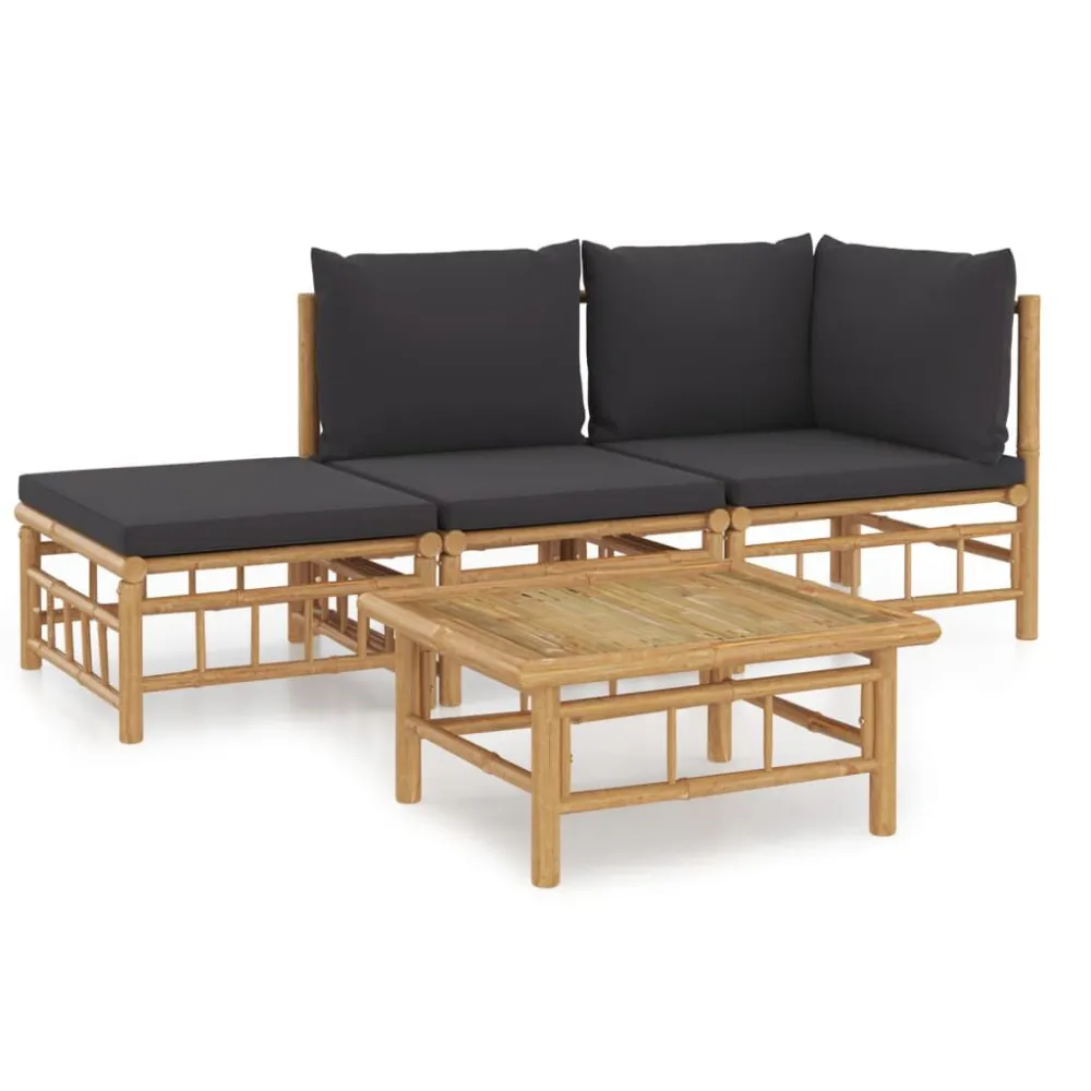 Set Salotto da Giardino 4pz con Cuscini Grigio Cupo Bambù