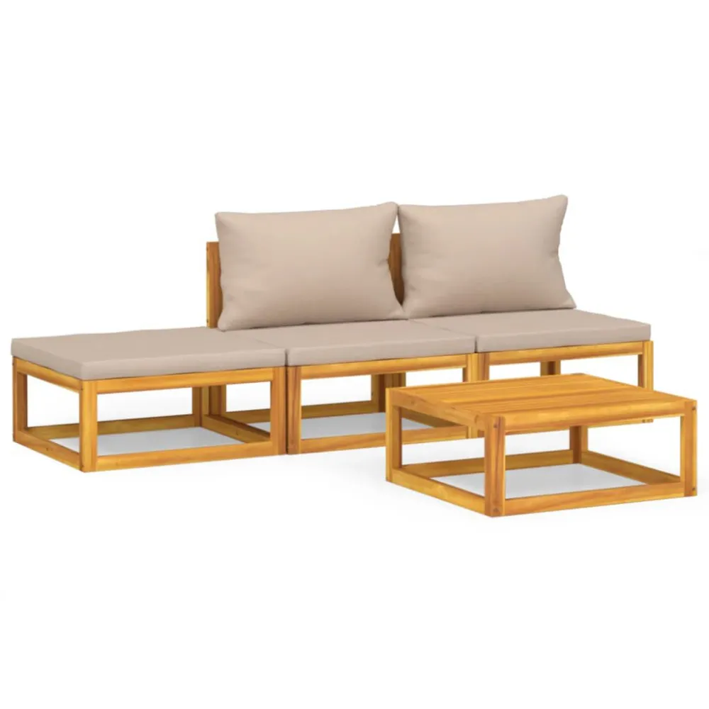 Set Salotto da Giardino 4pz con Cuscini Tortora Legno Massello per Giardino e Spiaggia