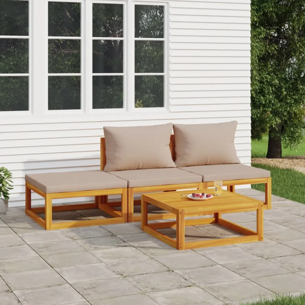 Set Salotto da Giardino 4pz con Cuscini Tortora Legno Massello per Giardino e Spiaggia
