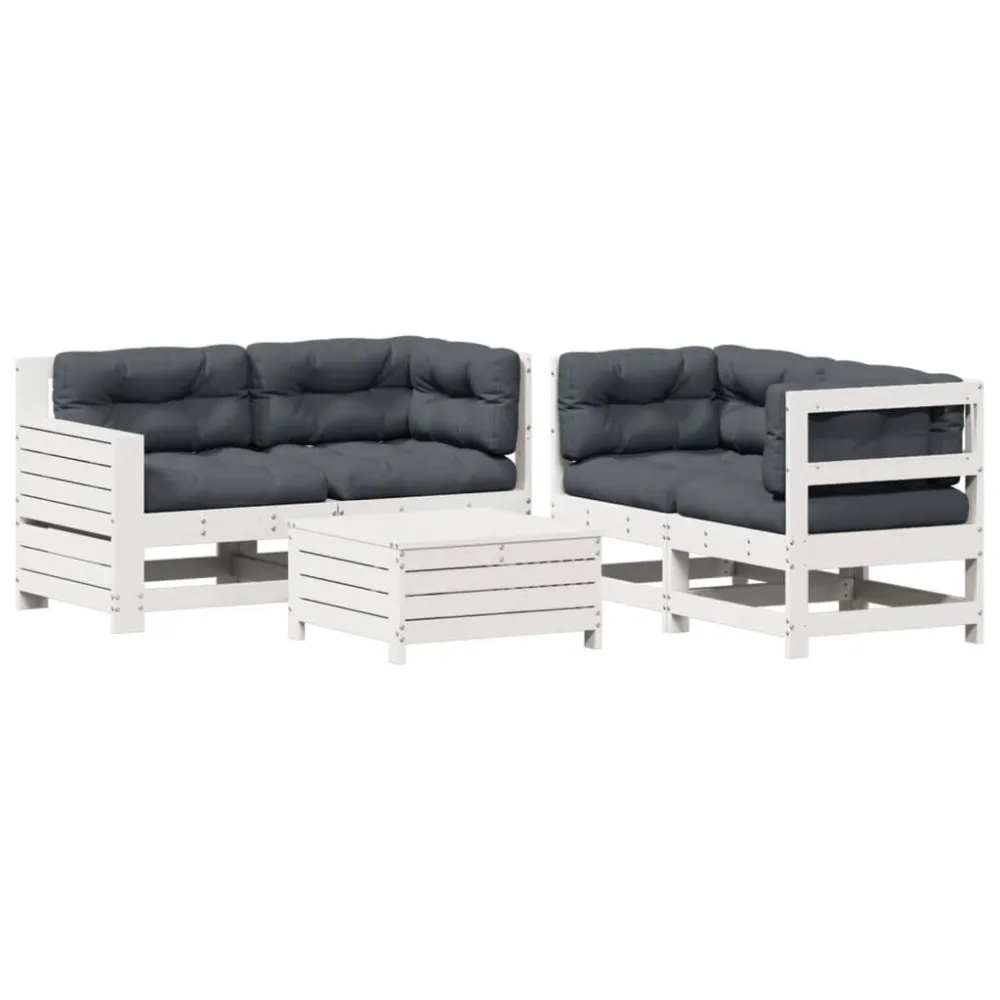 Set Salotto Giardino 5pz con Cuscini Bianco Legno Massello Pino per Relax all'Aperto