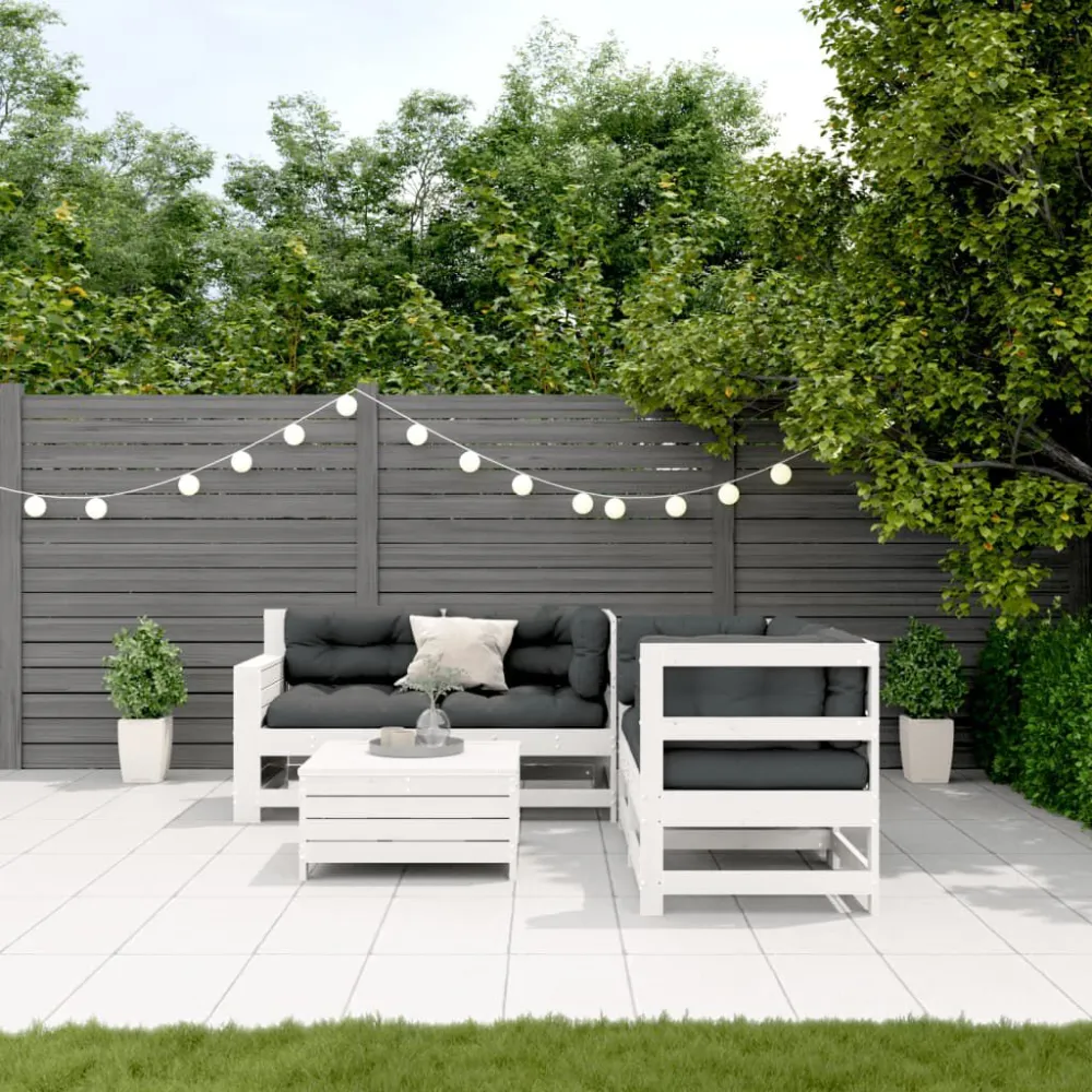 Set Salotto Giardino 5pz con Cuscini Bianco Legno Massello Pino per Relax all'Aperto