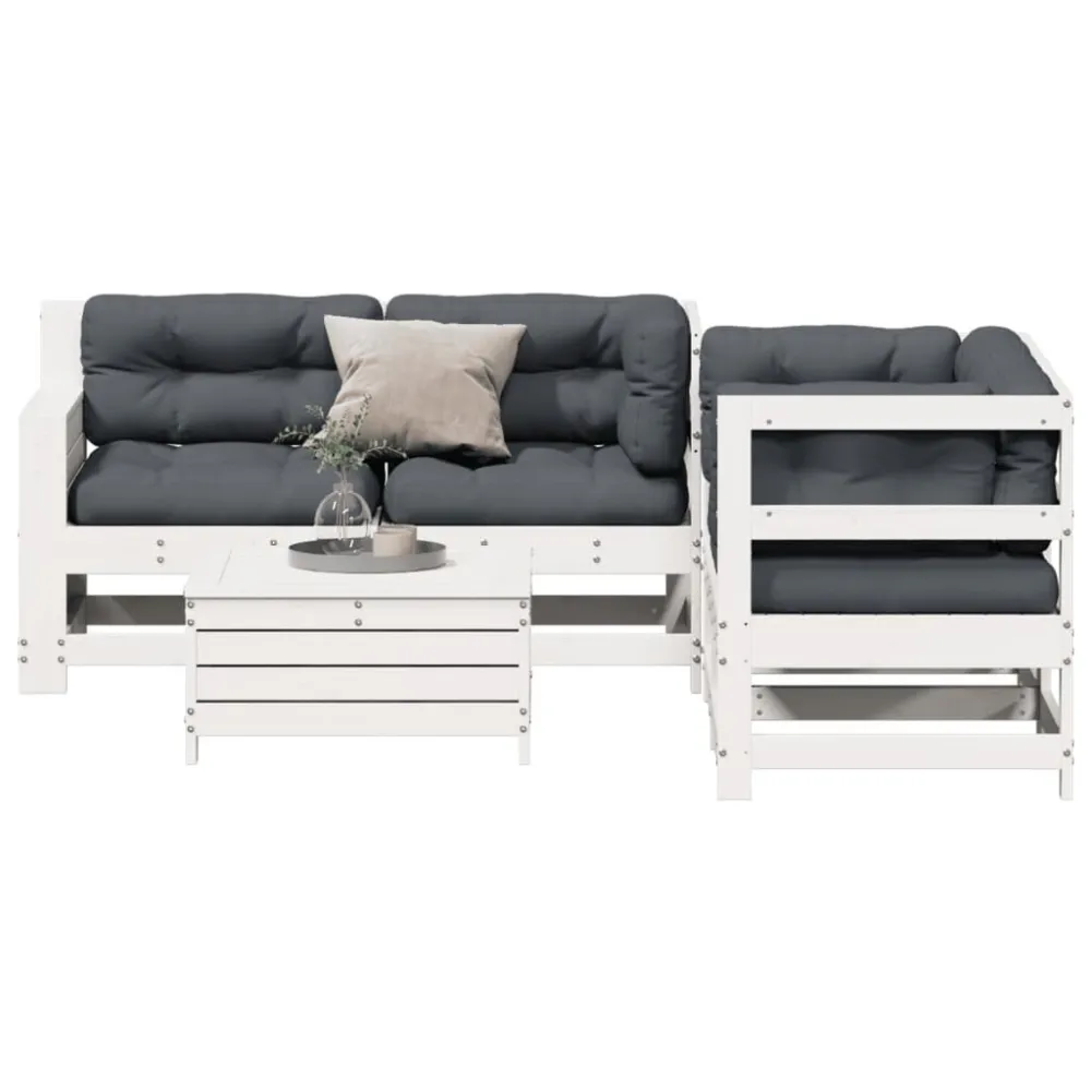 Set Salotto Giardino 5pz con Cuscini Bianco Legno Massello Pino per Relax all'Aperto
