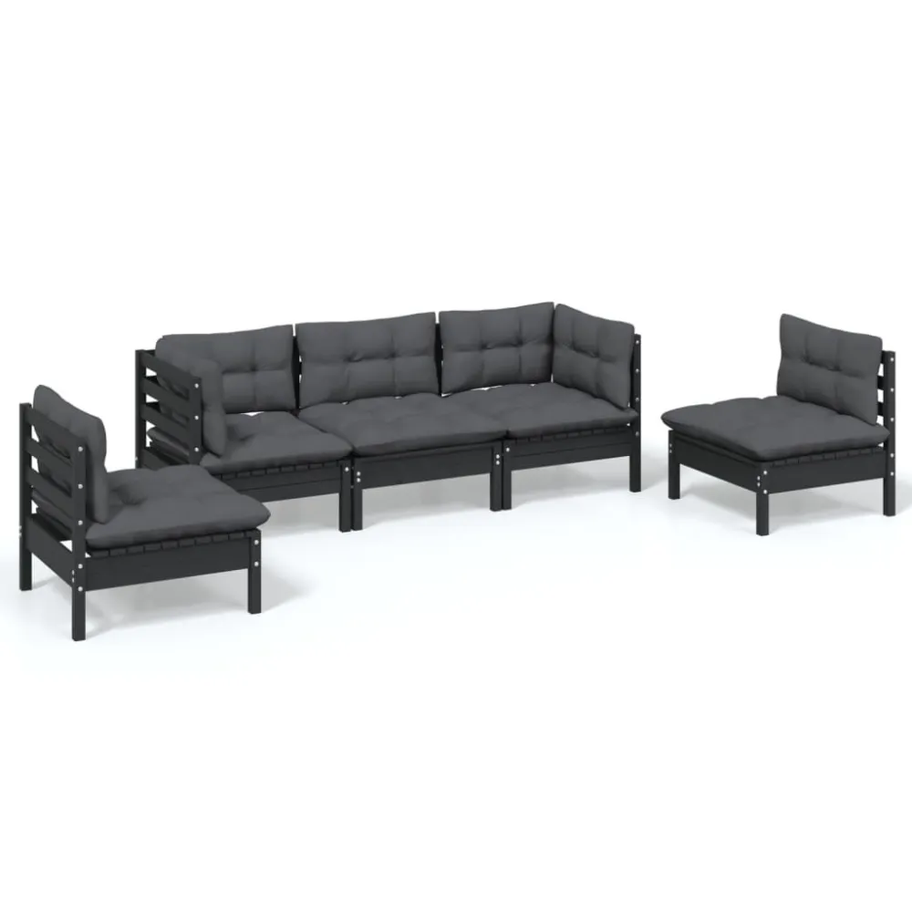 Set Salotto da Giardino 5pz con Cuscini Legno Massello di Pino con Rivestimento Tessuto