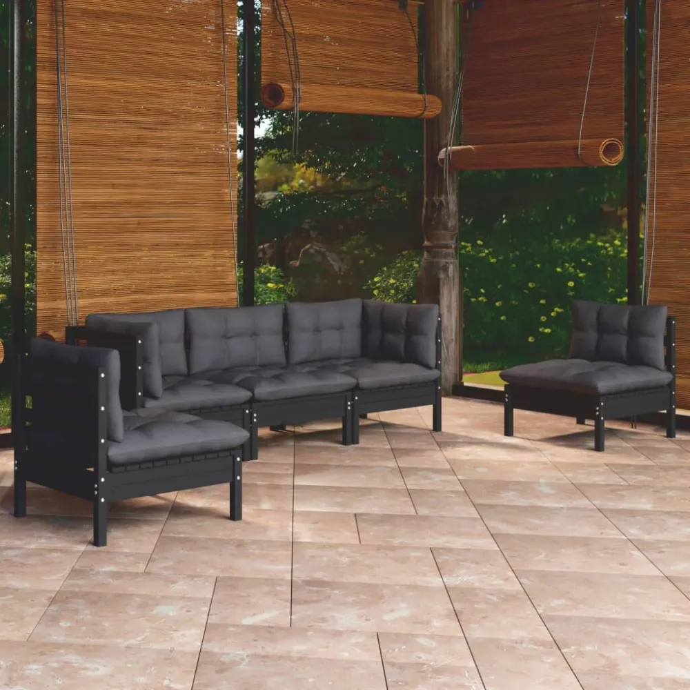 Set Salotto da Giardino 5pz con Cuscini Legno Massello di Pino con Rivestimento Tessuto