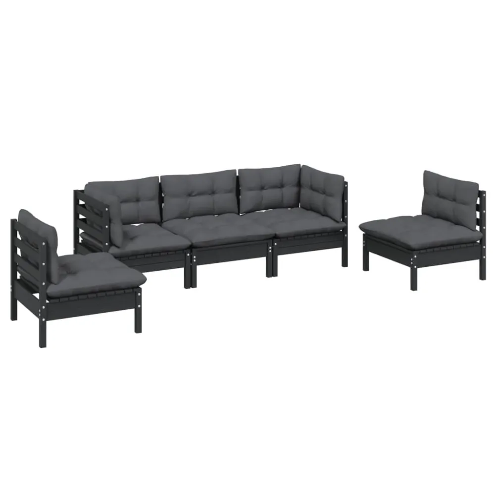 Set Salotto da Giardino 5pz con Cuscini Legno Massello di Pino con Rivestimento Tessuto