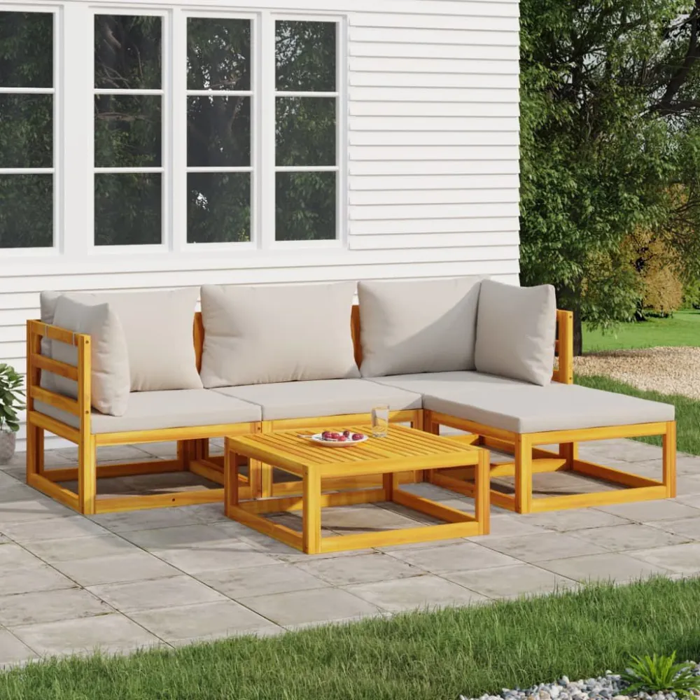 Set Salotto Giardino 5pz Cuscini Grigio Trasparente Legno Massello con Rivestimento Tessuto