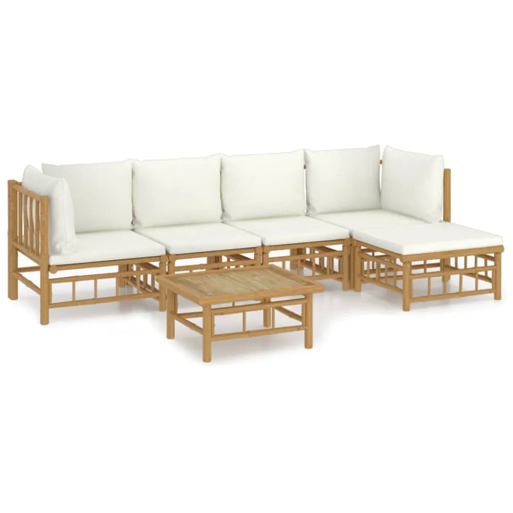Set Salotto da Giardino 6pz con Cuscini Bianco Crema Bambù con Struttura Acciaio